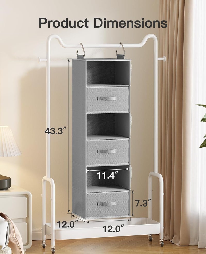 Pipishell Hanging Closet Organizer 6-Shelf, Hanging Shelves for Closet with 3 Removable Drawers & Side Pockets for Bedroom, Garment Rack and Wardrobe Organization, 12' x 12' x 43.3', Dark Gray - Image 3